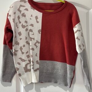 SHEIN Red, Gray, and Cream Patterned Sweater